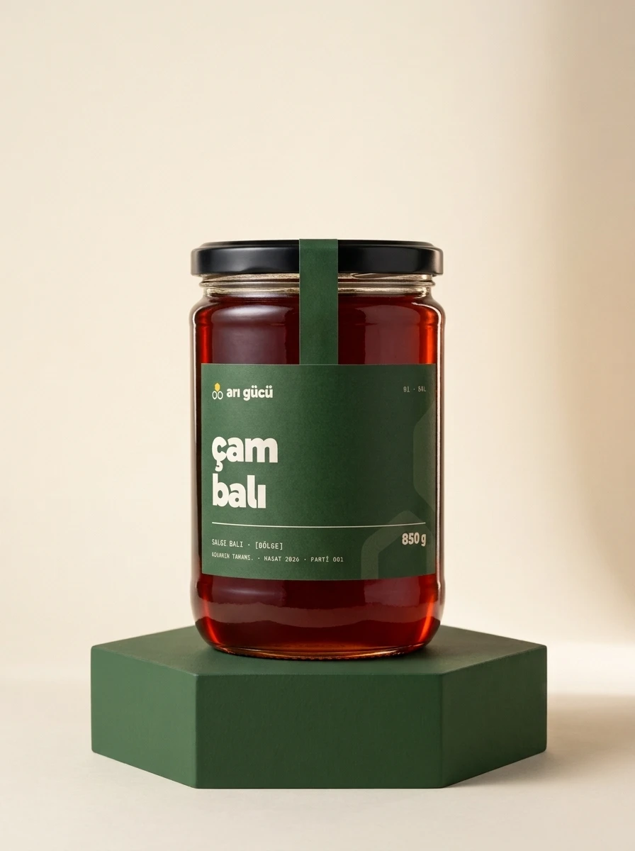 Arı Gücü çam balı, 850 g kavanoz, çam yeşili altıgen kaide, krem fon