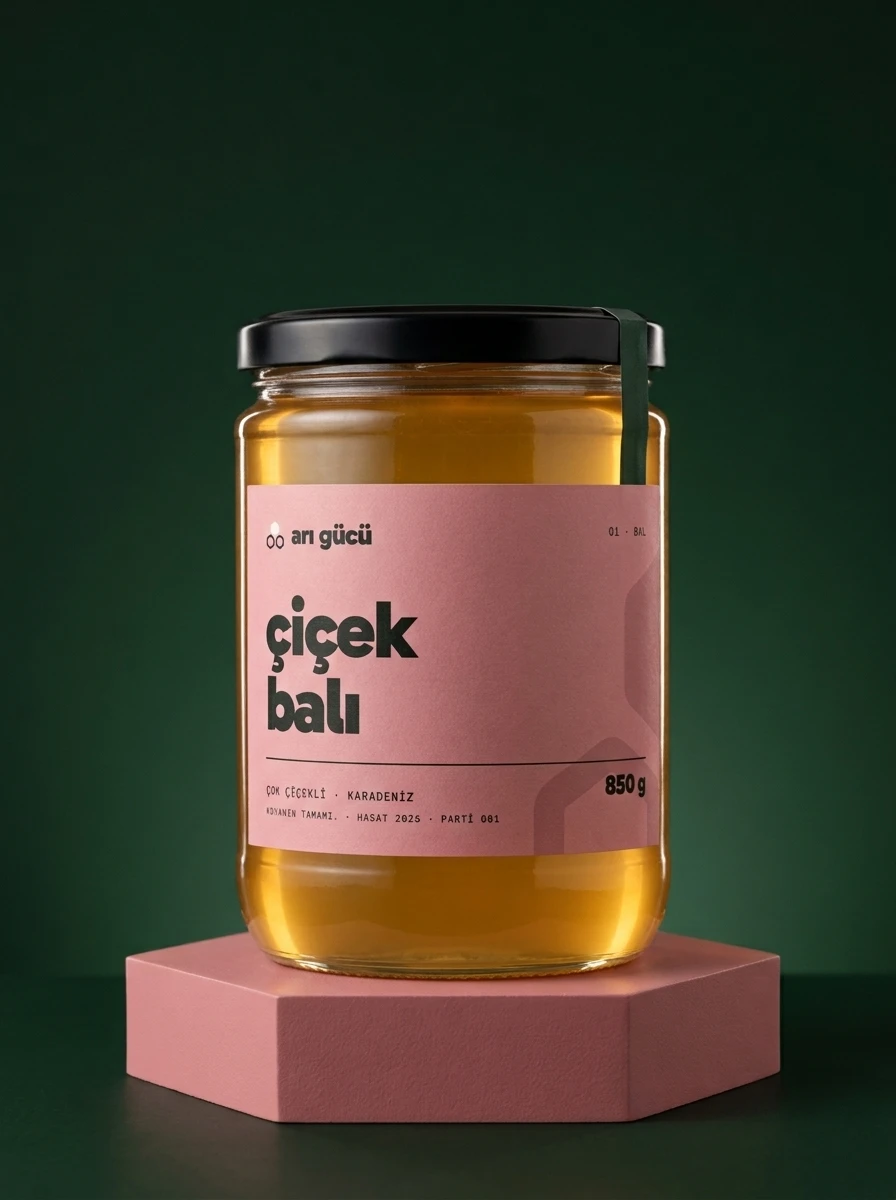 Arı Gücü çiçek balı, 850 g kavanoz, pembe altıgen kaide, koyu yeşil fon
