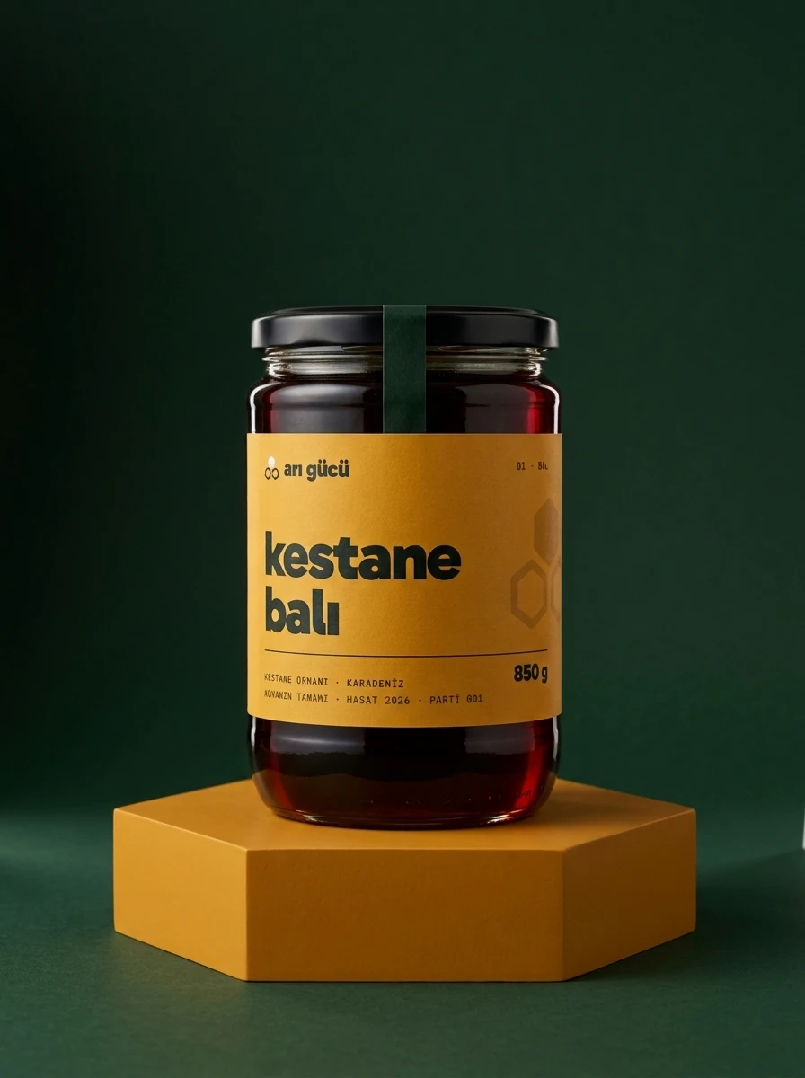 Arı Gücü kestane balı, 850 g kavanoz, bal sarısı altıgen kaide üstünde, koyu yeşil fon