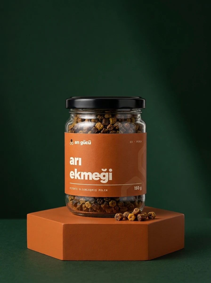 Arı Gücü arı ekmeği (perga), 150 g kavanoz, turuncu altıgen kaide
