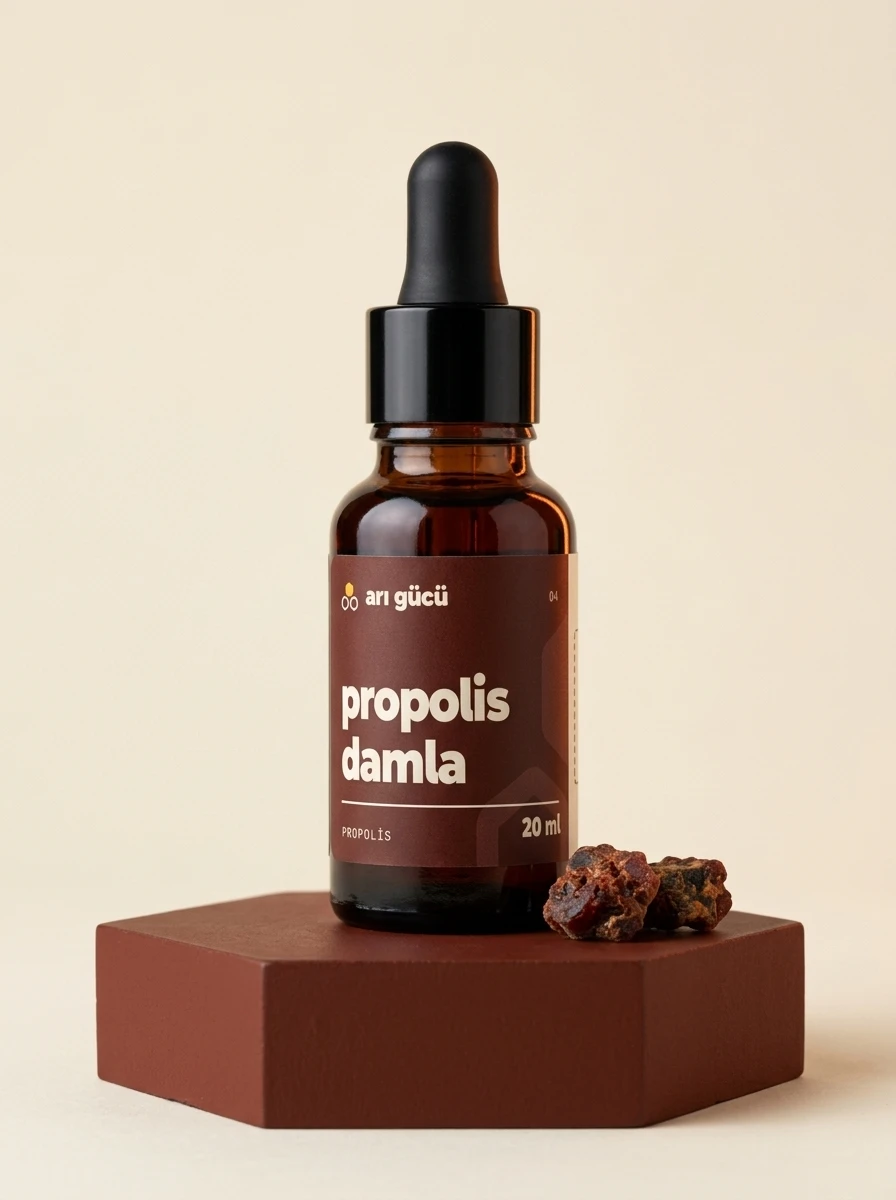 Arı Gücü propolis damla, 20 ml damlalıklı şişe, kızıl kahve altıgen kaide, krem fon